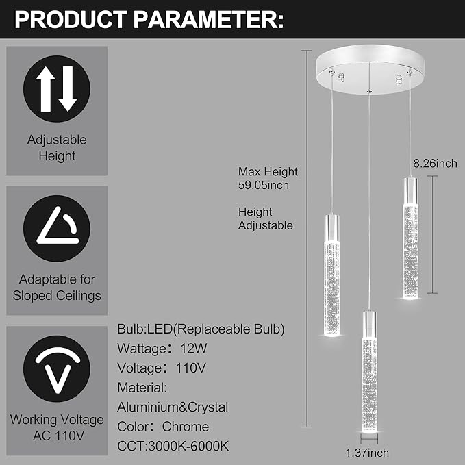 3 Light Pendant Lights Kitchen Island,Modern LED Bubble Crystal Pendants with Dimmable 3000K-6000K Ceiling Hanging Light Fixture for Dining Room Bedroom,Chrome Finish,Adjustable Height 59"