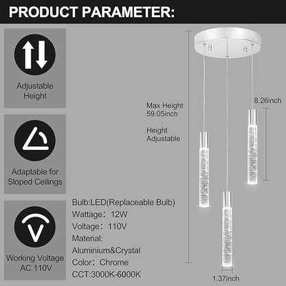 3 Light Pendant Lights Kitchen Island,Modern LED Bubble Crystal Pendants with Dimmable 3000K-6000K Ceiling Hanging Light Fixture for Dining Room Bedroom,Chrome Finish,Adjustable Height 59"