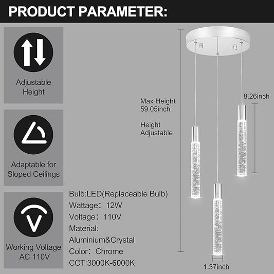 3 Light Pendant Lights Kitchen Island,Modern LED Bubble Crystal Pendants with Dimmable 3000K-6000K Ceiling Hanging Light Fixture for Dining Room Bedroom,Chrome Finish,Adjustable Height 59"