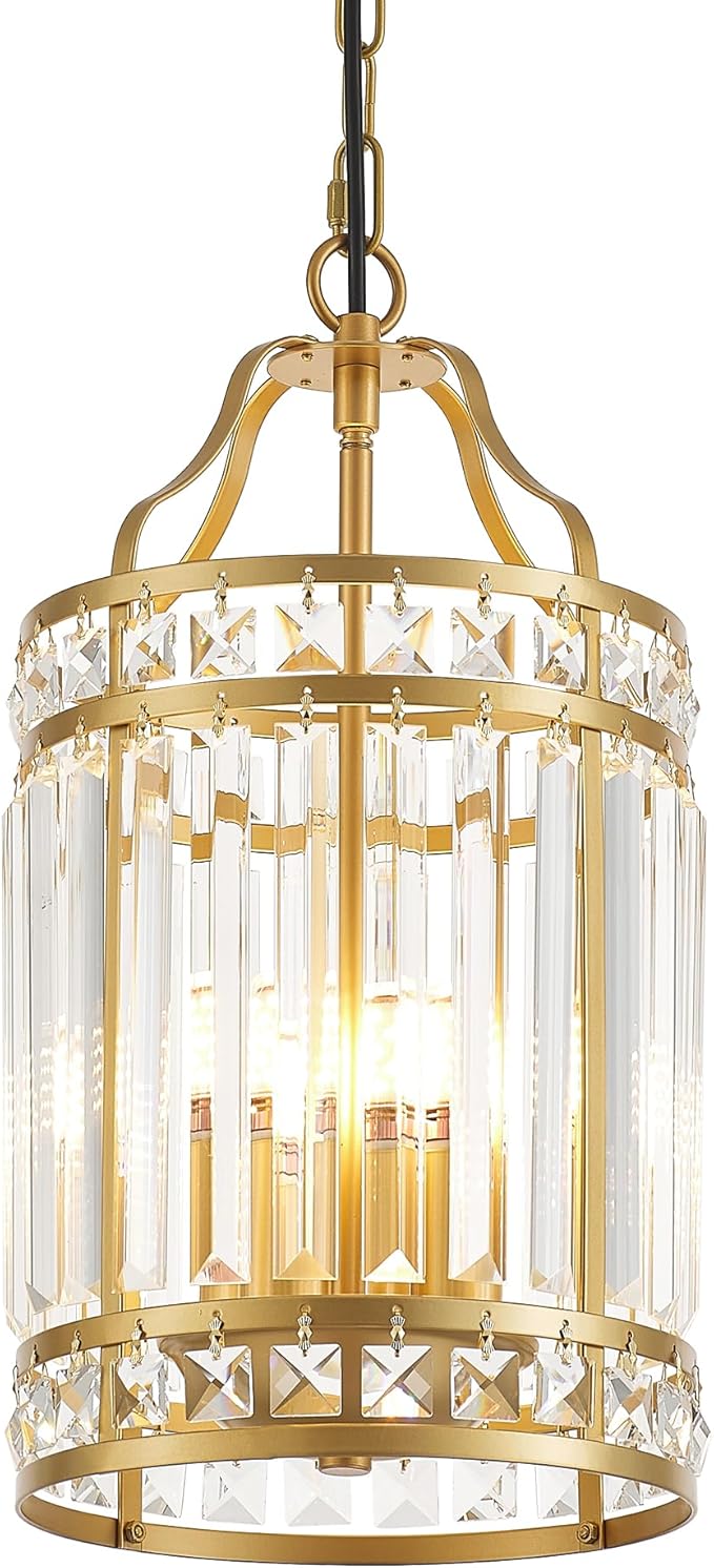 Modern Gold Pendant Island Light Fixtures for Kitchen, Luxury Elegant Crystal Small 4-Light Chandeliers for Dining Room, Industrial Cage Hanging Ceiling Lighting for Bedroom Foyer Hallway