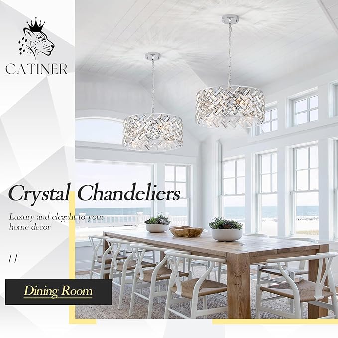 CATINER Chrome Crystal Chandeliers, Modern Semi Flush Mount Ceiling Light, 6-Light Round Crystal Hanging Pendant Light Fixtures, D18” for Dining Room Entryway Kitchen Hallway K9 Crystal