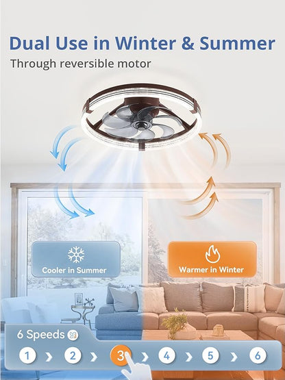 ZMISHIBO Low Profile Ceiling Fans with Lights, Flush Mount Modern Ceiling Fan and Remote Control, 20" LED Ceiling Fans, Stepless Dimmable 3 Colors and 6 Speeds (Brown, 20")