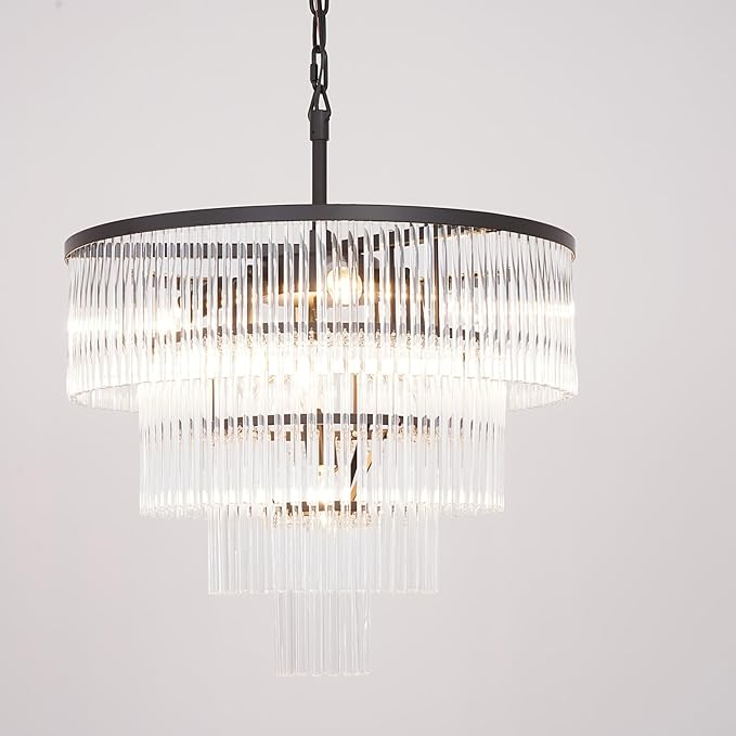 Modern Multi-Tier Crystal Chandelier 4-Tier Round Black Finish Ceiling Light -Cylindrical Glass Rods -Dining Room Living Room Bedroom Entryway -Luxury Lighting Fixture 20''
