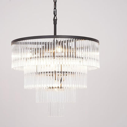 Modern Multi-Tier Crystal Chandelier 4-Tier Round Black Finish Ceiling Light -Cylindrical Glass Rods -Dining Room Living Room Bedroom Entryway -Luxury Lighting Fixture 20''