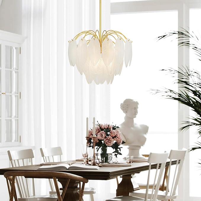 LumFurn 6-Light Gold Chandeliers, Modern 3-Tier Pendant Light Fixture for Dining Room, Living Room, Adjustable Height 19~51", Frosted Feather-Shaped Glass Shade & Brass Finish Frame