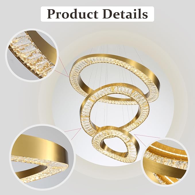 Flashing God Foyer Chandelier for High Ceilings,Modern 4 Ring Crystal Chandelier for Entryway,Hanging Lighting Fixtures for Living Room,Foyer,Staircase,Entryway