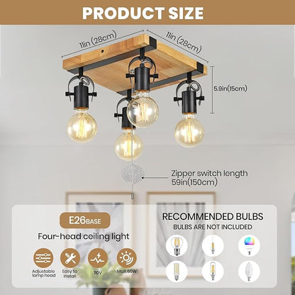 Farmhouse Flush Mount Ceiling Light with Pull Chain,4-Light Directional Ceiling Spotlight Rustic Track Light Kits, Wood Pull String Light Fixtures for Kitchen Bathroom Bedroom Hallway