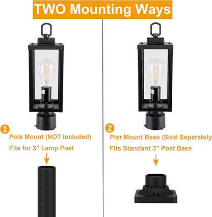 GRUENLICH Outdoor Post Lighting Fixture Pole Lantern, E26 Medium Base Max 60W, Metal Housing Plus Glass, Matte Black Finish, Bulb Not Included, 2 Pack