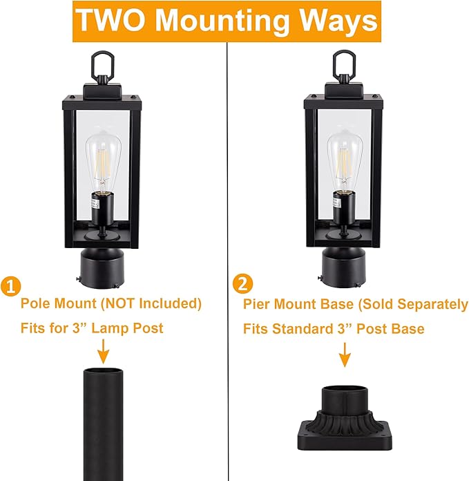 GRUENLICH Outdoor Post Lighting Fixture Pole Lantern, E26 Medium Base Max 60W, Metal Housing Plus Glass, Matte Black Finish, Bulb Not Included, 1 Pack