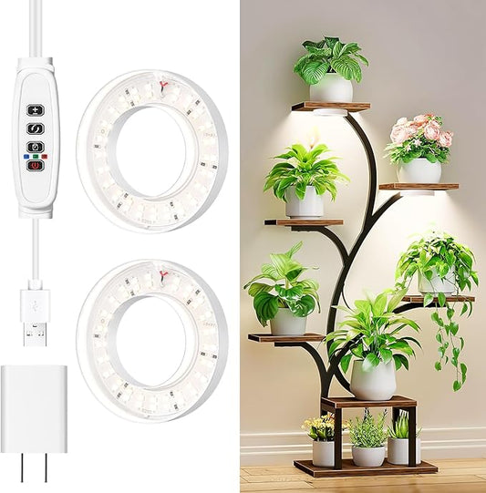 RWNTAO 3.54" Ceiling Grow Light for Indoor Plants, Warm&White Full Spectrum Plant Light, Growing Lamp with 6/12/16H Auto Timing, 10 Dimmable Brightness Levels for Small Plants,2Head