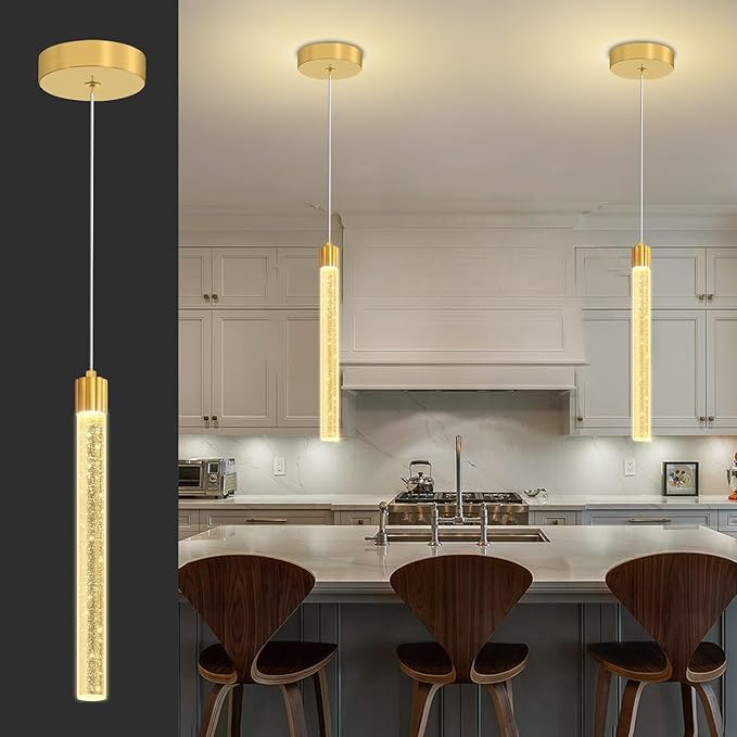 Modern Gold Crystal Pendant Light for Kitchen Island Lighting Dimmable LED Adjustable Crystal Column Chandelier Lighting Hanging Pendant Lighting
