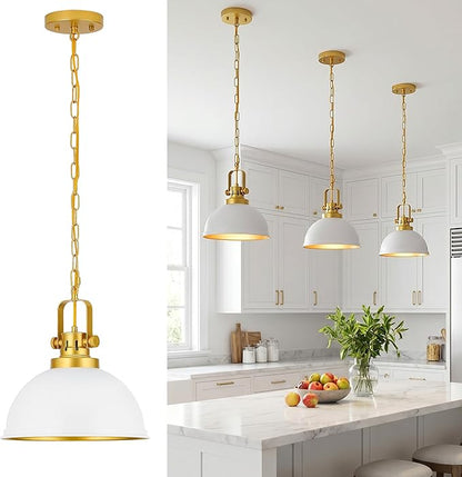 White and Gold Pendant Lights, 11.8" Modern Dome Pendant Light Fixtures with Adjustable Chain Hanging Lighting for Kitchen Island Dining Room Restaurant Bedroom Foyer Entrance Sink
