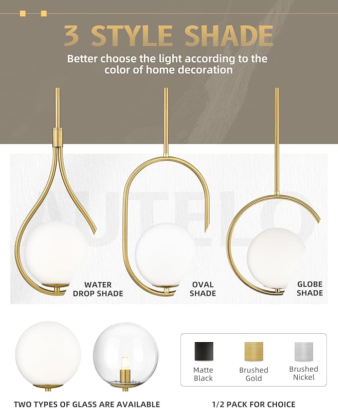 AUTELO 2 Pack Pendant Lights, Pendant Lights Kitchen Island in Brushed Gold Finish with Milky White Globe Glass, Gold Pendant Light Fixtures, Vintage Hanging Lights for Kitchen Island H9377 MGBG-2PK