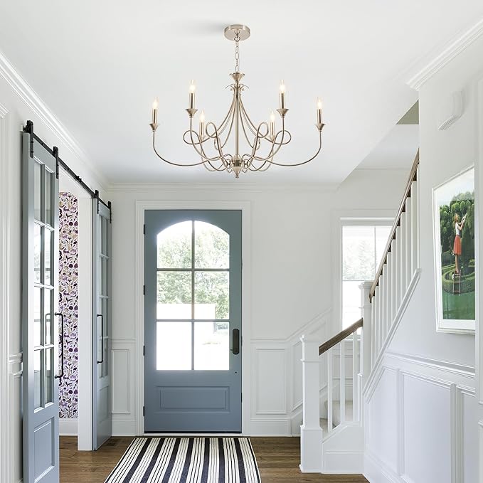 Modern Brushed Nickel Chandelier, 6-Lights Candle Dining Room Light Fixture 36.6in Farmhouse Chandeliers Metal Pendant Lights for Living Room Bedroom Entryway Kitchen Island