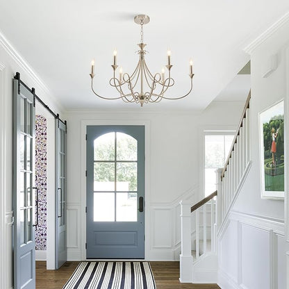 Modern Brushed Nickel Chandelier, 6-Lights Candle Dining Room Light Fixture 36.6in Farmhouse Chandeliers Metal Pendant Lights for Living Room Bedroom Entryway Kitchen Island