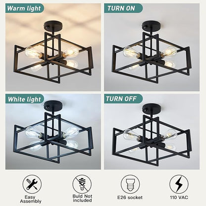 ZGLAOJT Motion Sensor Ceiling Light Fixture 4-Lights Semi Flush Mount Ceiling Light Black Industrial Indoor Chandelier for Kitchen Living Room Bedroom Farmhouse Hallway Foyer