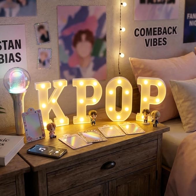 KPOP Light Up Letters Marquee Signs for Bedroom Decor, Battery Powered LED Alphabet Lamps for K-Pop Birthday Party Supplies, Concert Celebration Background & Fan Gift Room Accessories White