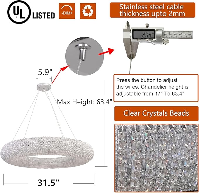 Crystal Chandeliers Modern Ceiling Lights Fixtures Pendant Lighting Orb Ring Chandelier Contemporary Adjustable Stainless Steel Cable for Living Room Dining Room Island D31.49”