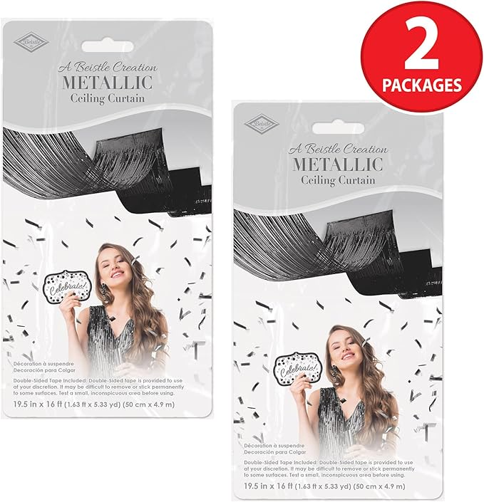 Beistle Black Metallic Fringe Ceiling Curtains – 2-Pack Extra-Long Shiny Tinsel Streamer Decorations with Tape for Halloween, New Year’s Eve, Birthday Parties, and Event Backdrops, 19½" x 16'