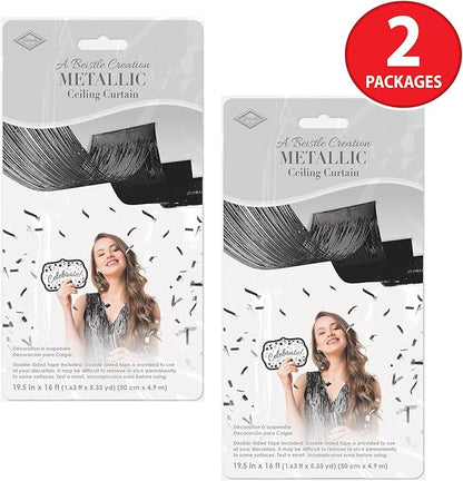 Beistle Black Metallic Fringe Ceiling Curtains – 2-Pack Extra-Long Shiny Tinsel Streamer Decorations with Tape for Halloween, New Year’s Eve, Birthday Parties, and Event Backdrops, 19½" x 16'
