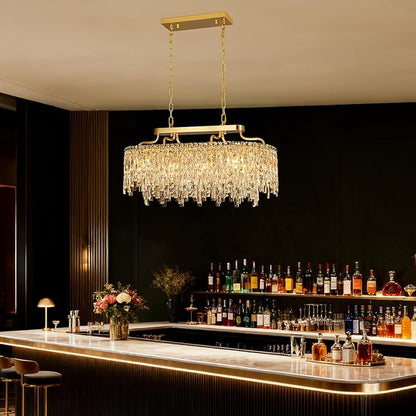 Gold Crystal Chandelier | Modern Luxury Oval-Shaped Chandeliers for Dining Room Light Fixture, 32" 10-Light Crystal Ceiling Lighting Fixture for Dining Room Kitchen Island Bar