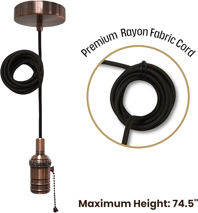 Royal Designs, Inc. Hanging Pendant Lighting, Vintage-Style Pull Chain Pendant Light Socket and Canopy, Antique Copper with Brown Rayon Fabric Cord