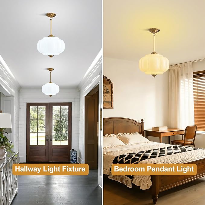 Milk Glass Pendant Light, 15in Large Schoolhouse Light Fixture, LED Bulb Included, Vintage Art Deco Chandelier for Kitchen Island Dining Room Bedroom Hallway, White & Antique Gold 1 Pack
