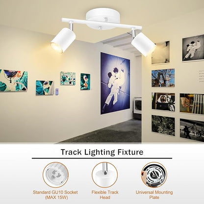 BoostArea LED 2 Light Track Lighting Kit, White 2 Way Ceiling Spot Lighting, Flexibly Rotatable Light Head for Kitchen, Living Room, Bedroom, GU10 Bulb Not Included