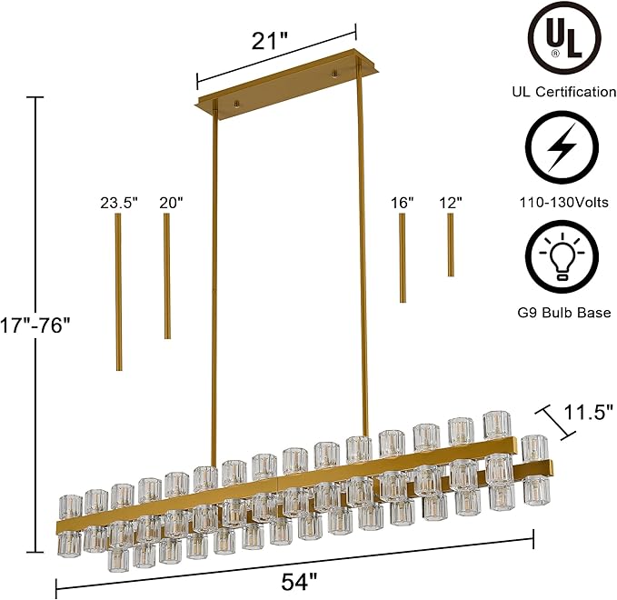 54 Inch Gold Crystal Linear Chandelier, Modern Large Rectangle 60-Lights Pendant Lighting Fixture Adjustable Height, for High Ceilings Kitchen Island, Over Table Dining Room
