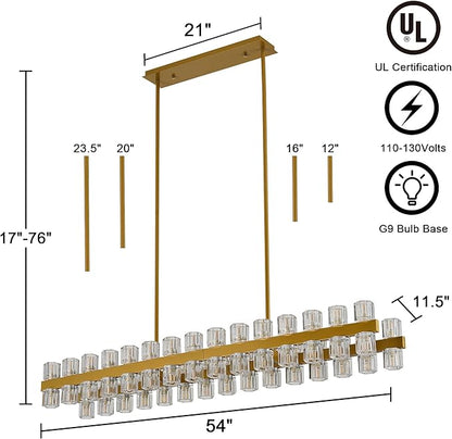 54 Inch Gold Crystal Linear Chandelier, Modern Large Rectangle 60-Lights Pendant Lighting Fixture Adjustable Height, for High Ceilings Kitchen Island, Over Table Dining Room