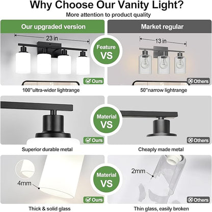 Indoi 4-Light Bathroom Light Fixtures, Matte Black Vanity Lights with Milk Glass Shades, Modern Bathroom Wall Lamp for Mirror Living Room Bedroom Porch