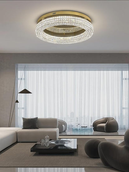 ykolupty 32'' Modern Chandeliers for Living Room Crystal Chandelier Flush Mount Ceiling Light Fixture for Dining Room Living Room Bedroom Dimmable 2700-6000K (Gold Chandelier)