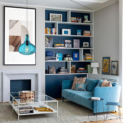 Blue Glass Plug in Pendant Light Fixture, Mid-Century Modern Pendant Lamp with 14.7 ft Cord Hammered Glass Globe Shade,Black Vintage Plug in Hanging Light for Bedroom Dining Living Room