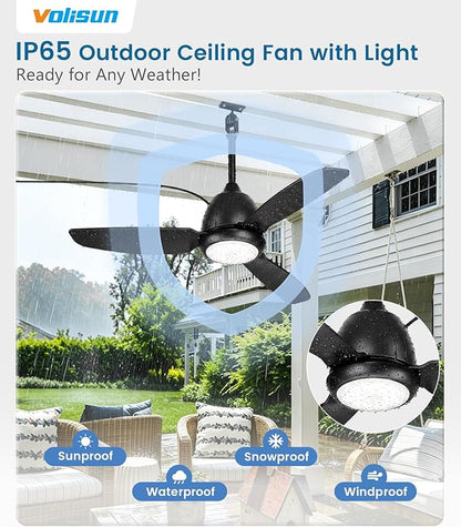 VOLISUN Outdoor Ceiling Fans with Light for Patios, 42in Weatherproof Plug in Ceiling Fan, 3CCT Dimmable Gazebo Fan Remote&APP Control, Black Caged Ceiling Fan for Porch, Pergola,Canopy,Pavilion