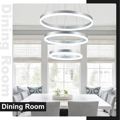 Buccleuch Dimmable 3-Ring LED Chandelier, Height Adjustable Modern Silver Pendant Light, ETL-Certified Flush Mount Acrylic Ceiling Light for Dining Room Living Room Bedroom Foyer, 6000K