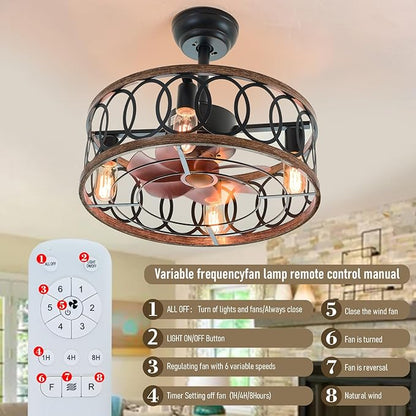 19" Industrial Caged Ceiling Fans with Light 4-Lights Farmhouse Flush Mount Fandelier Walnut Wood Metal Chandelier Fan Remote 6 Wind Speed Reversible for Bedroom Dining/Living Room Kitchen Entry
