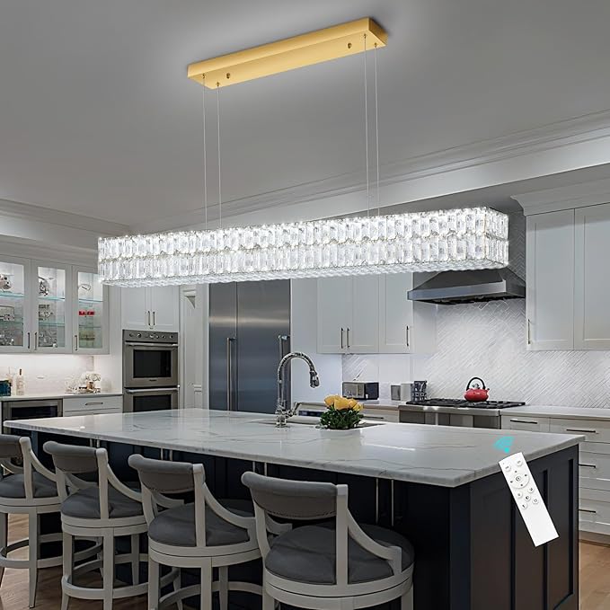 Rectangular Crystal Chandelier Glam Dimmable LED Crystal Chandeliers for Dining Room Linear Pendant Light with Remote Control for Kitchen Island Gold