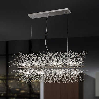 Modern Crystal Firework Chandelier, Linear Dining Room Lighting Fixtures Hanging, Chrome Dandelion Chandelier LED Pendant Lighting for Dining Room, Bedroom, Living Room (12-Light, 35.5")