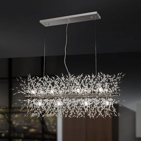 Modern Crystal Firework Chandelier, Linear Dining Room Lighting Fixtures Hanging, Chrome Dandelion Chandelier LED Pendant Lighting for Dining Room, Bedroom, Living Room (12-Light, 35.5")