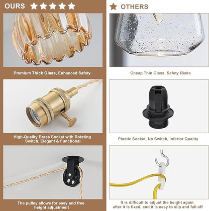 Plug in Pendant Light Fixtures, Hanging Light Fixture Vintage Glass Pendant Light, Mini Amber Tulip Hanging Lamp, Pendant Lighting for Kitchen Island, Bedroom, Dining Room, Living Room