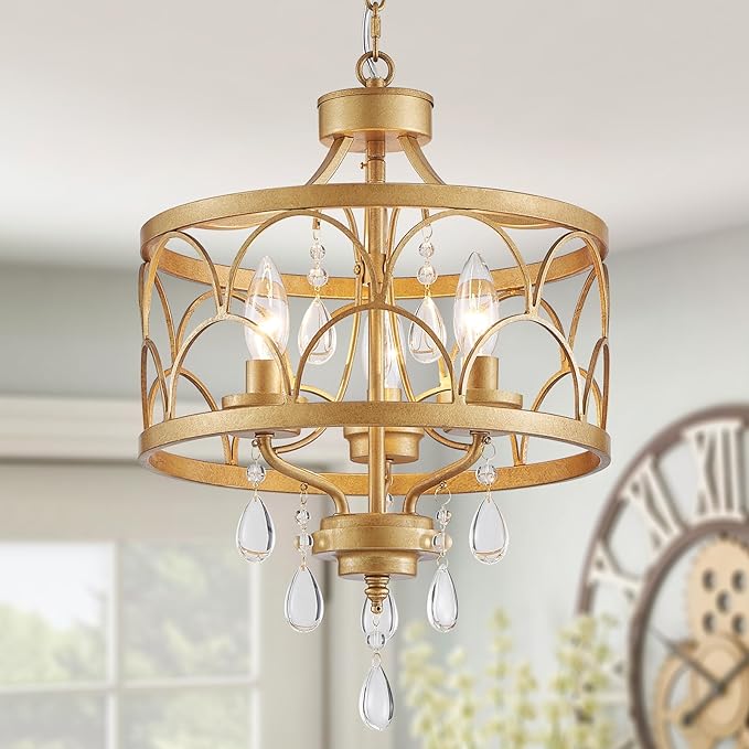 Small Crystal Chandelier, Modern Gold Crystal Chandeliers for Dining Room, Rustic Farmhouse Round Ceiling Pendant Light Fixture for Living Room, Entryway, Hallway, Bedroom, Bathroom