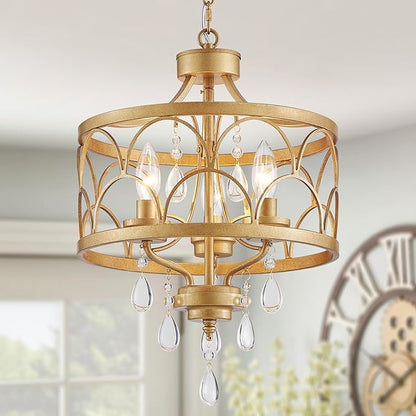 Small Crystal Chandelier, Modern Gold Crystal Chandeliers for Dining Room, Rustic Farmhouse Round Ceiling Pendant Light Fixture for Living Room, Entryway, Hallway, Bedroom, Bathroom