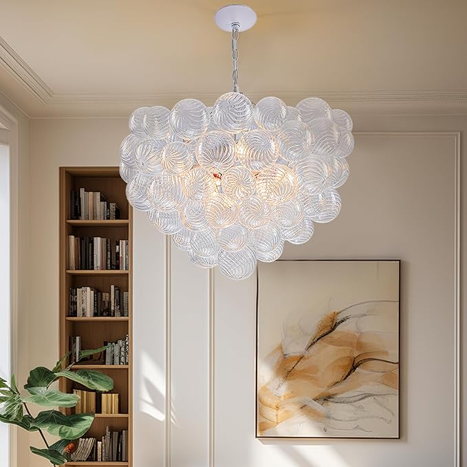 Hand Blown Glass Bubble Ball Chandelier White Finish 24" Pendant Light Fixture Art Deco Cluster Swirled Ribbed Glass Globe Lighting for Bedroom Dining Room Bedroom Bathroom Entry