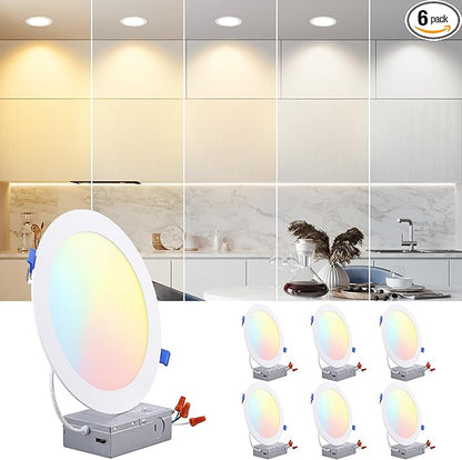 TORCHSTAR Premium Series 5CCT 8 Inch Ultra-Thin LED Recessed Ceiling Light with J-Box, 18W 5%-100% Dimmable Recessed Downlight, Aluminum, 5CCT Selectable, CRI90, ETL & ES Listed, White, Pack of 6