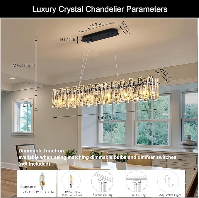 Modern Luxury Rectangular K9 Crystal Chandelier for Dining Room Living Room Kitchen Island Entryway Foyer L43 Easy Install Adjustable Hight 6-Light Ceiling Hanging Light Fixture Black