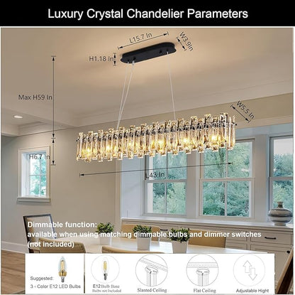 Modern Luxury Rectangular K9 Crystal Chandelier for Dining Room Living Room Kitchen Island Entryway Foyer L43 Easy Install Adjustable Hight 6-Light Ceiling Hanging Light Fixture Black