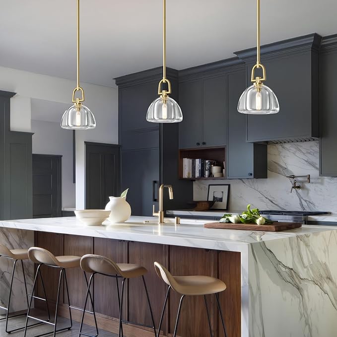 2 PCS of K9 Crystal Pendant Light with Brass Rod,7" Dimmable Contemporary Hemispher Light Above Dining Table,Modern Ceiling Hanging Lighting for Bedroom E12 Bulbs Included