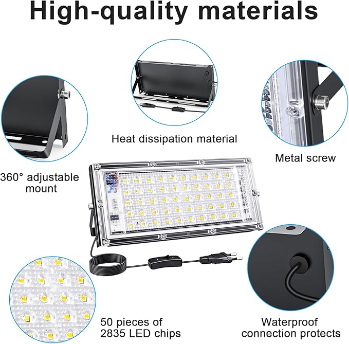 50W Flood Light Outdoor, 4 Pack 5000 Lumens LED Flood Light, 6500K Super Bright Plug in Outdoor Lights, IP66 Waterproof Work Light Exterior Security Lights for Garden, Yard, Garage, Playground