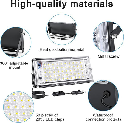 50W Flood Light Outdoor, 4 Pack 5000 Lumens LED Flood Light, 6500K Super Bright Plug in Outdoor Lights, IP66 Waterproof Work Light Exterior Security Lights for Garden, Yard, Garage, Playground
