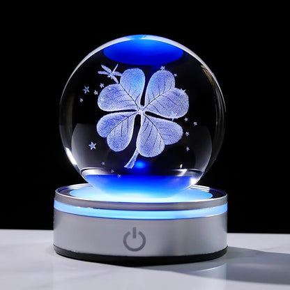 Crystal 3D Four-Leaf Clover 3.15in Ball Figurine Good Luck Gifts for Women on Birthday, Collectible Glass Plants Art for Room with LED Light Base, Lucky Keepsakes for Him Home Decor Paperweight